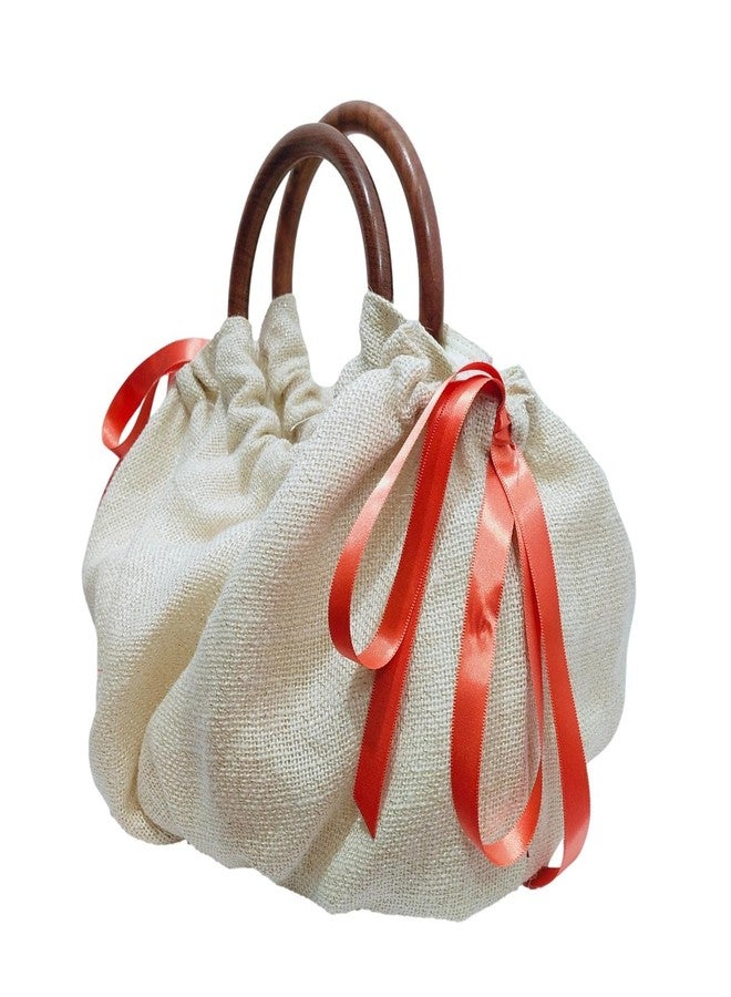 athizay Potli bags wooden handle tassel hanging Solid | Plain | Printed Fabric | Cotton | Polycotton | Jute | hand carry wristlets pouch bags for women (Milky White, Satin Orange) - Image 2